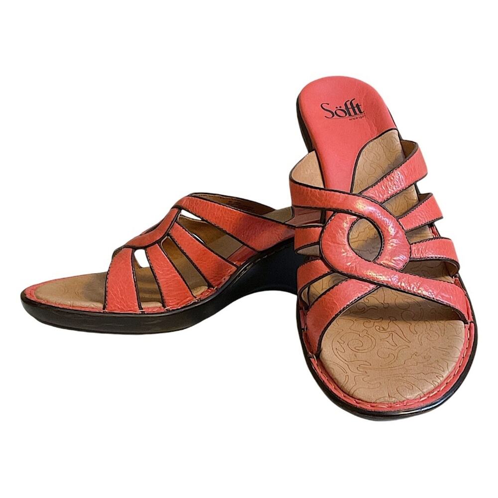 Sofft Sandal Women's SZ 10N Comfort Collection Coral Orange Heels‎ Leather Wedge